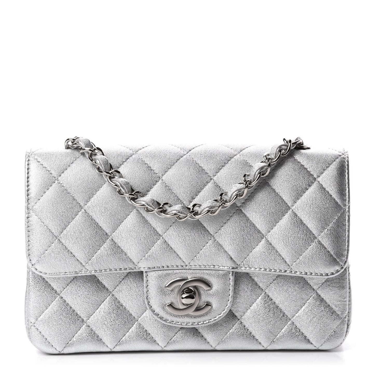 Metallic Lambskin Quilted Mini Rectangular Flap Silver