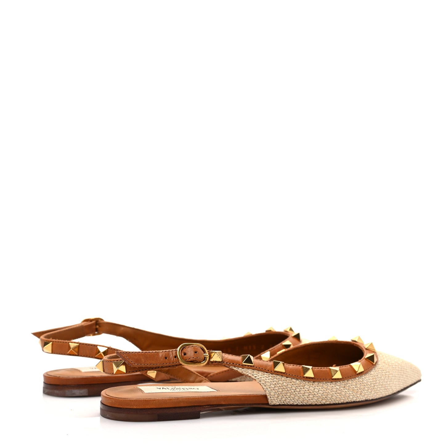 Raffia Calfskin Rockstud Slingback Flats 37 Naturale
