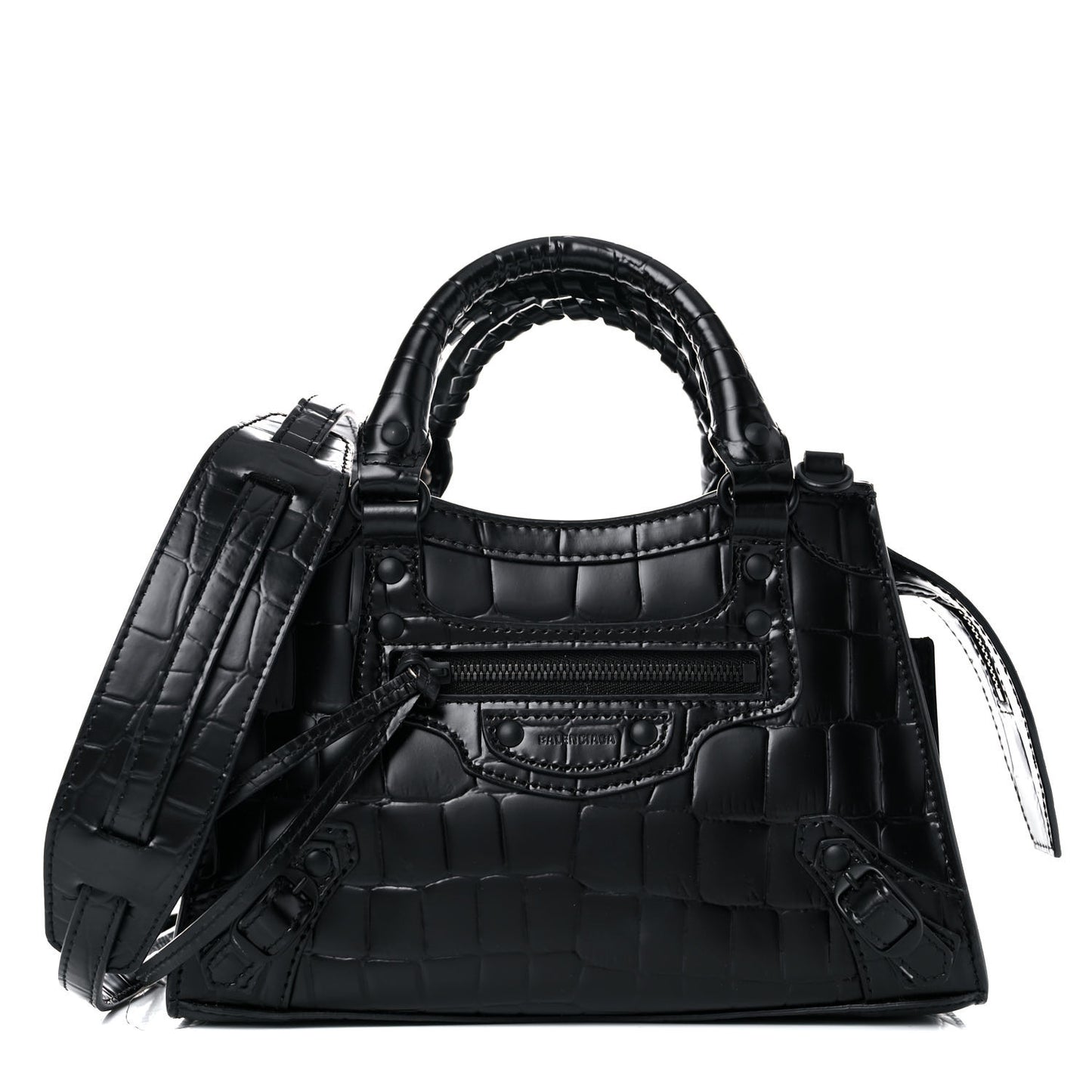 Semi Shiny Calfskin Crocodile Embossed Neo Classic Black Hardware Mini City Black