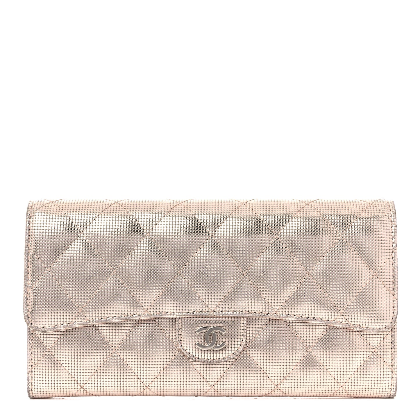 Metallic Calfskin Quilted Pixel Effect Large Flap Wallet Pinky Gold