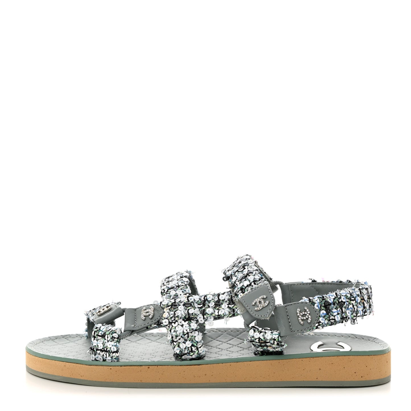 Tweed Sequin Crystal CC Sandals 39.5 Blue Multicolor