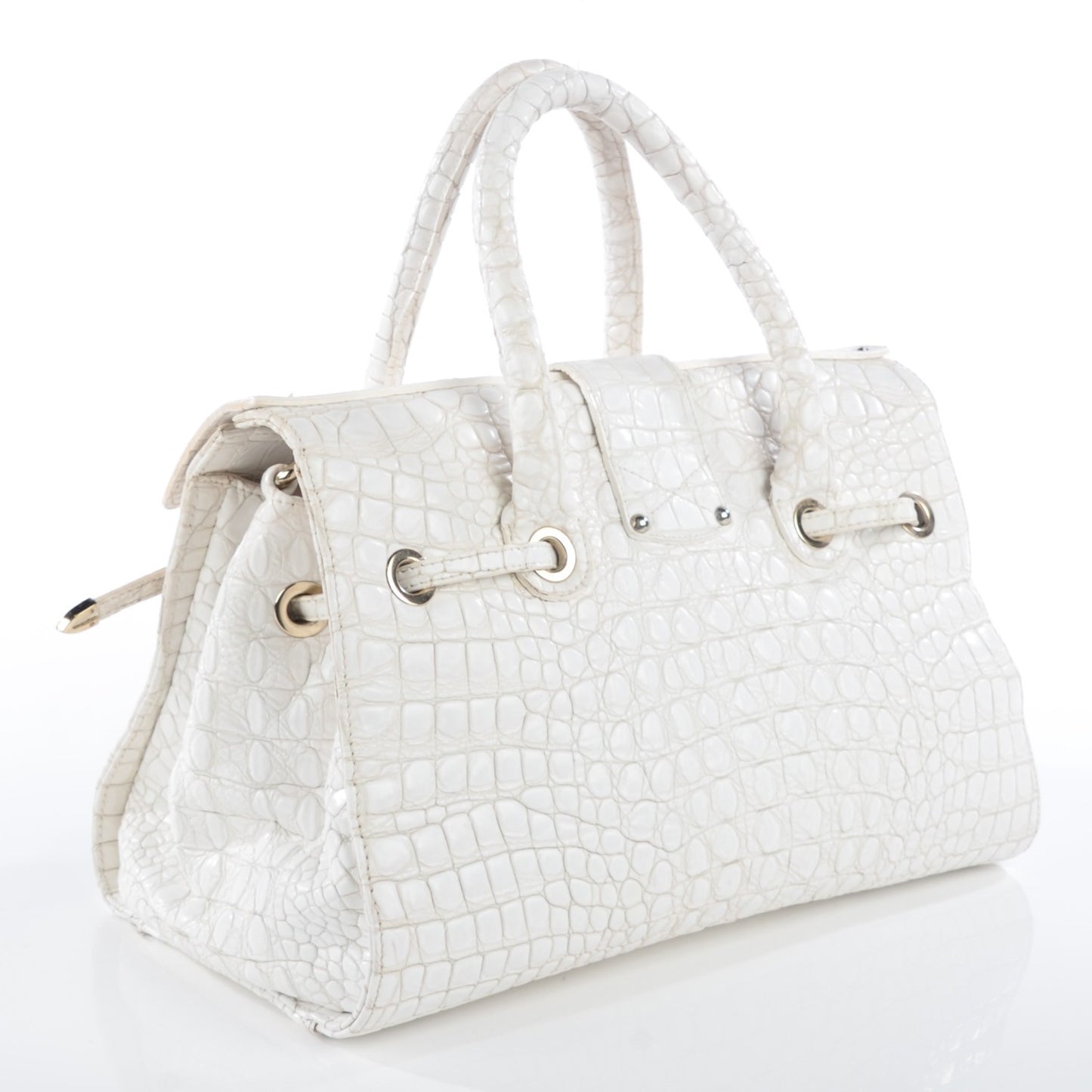 Calfskin Crocodile Embossed Large Rosalie Satchel White