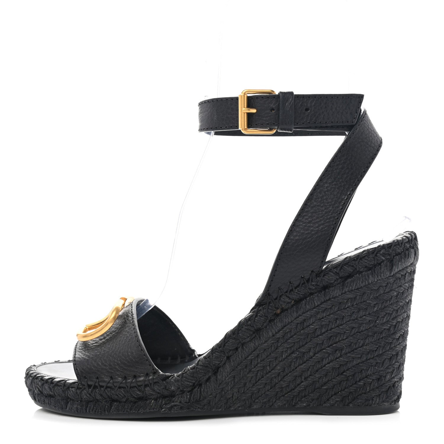 Valentino Garavani Grainy Cowhide VLogo Ankle Wrap Espadrille Wedge Sandals 41 Black 1 of 11