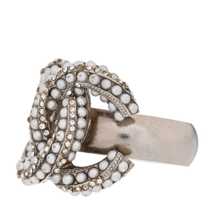Chanel Crystal Pearl CC Ring 51 5.75 Silver 3 of 10