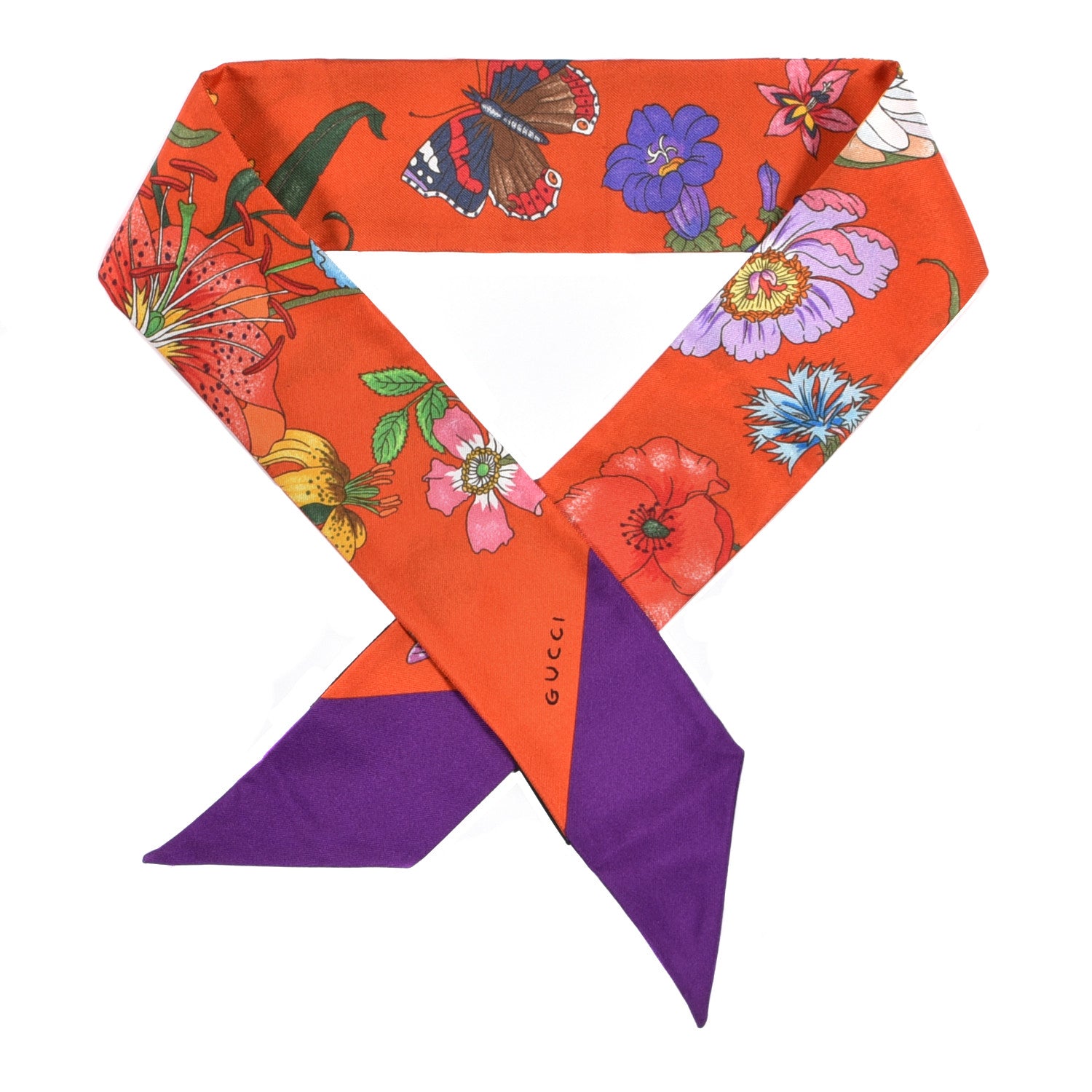 Gucci Silk Floral Neck Bow Scarf Orange Purple 1 of 4
