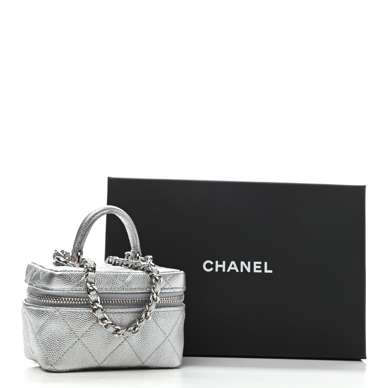 Chanel Metallic Caviar Quilted Mini Top Handle Vanity With Chain Silver 10 of 10