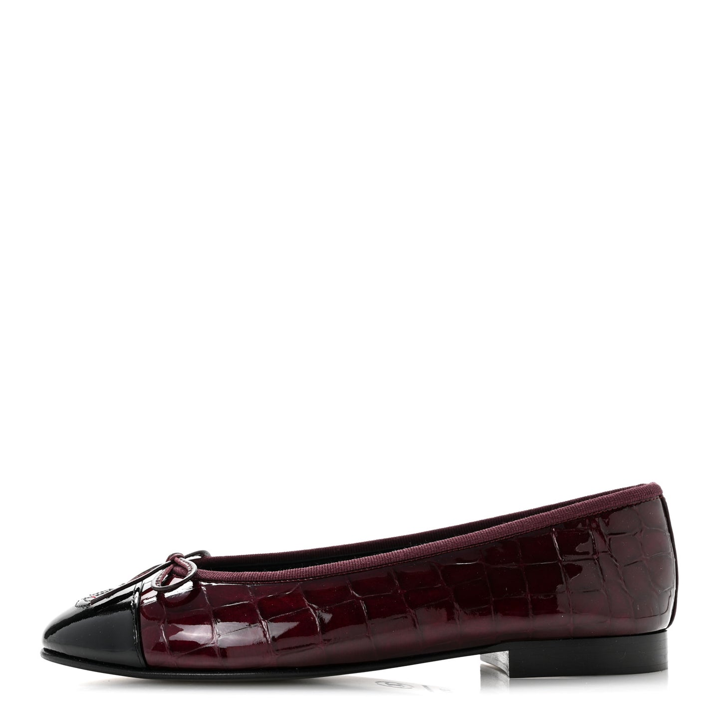 Patent Calfskin Crocodile Embossed Cap Toe CC Ballerina Flats 36.5 Dark Burgundy Black