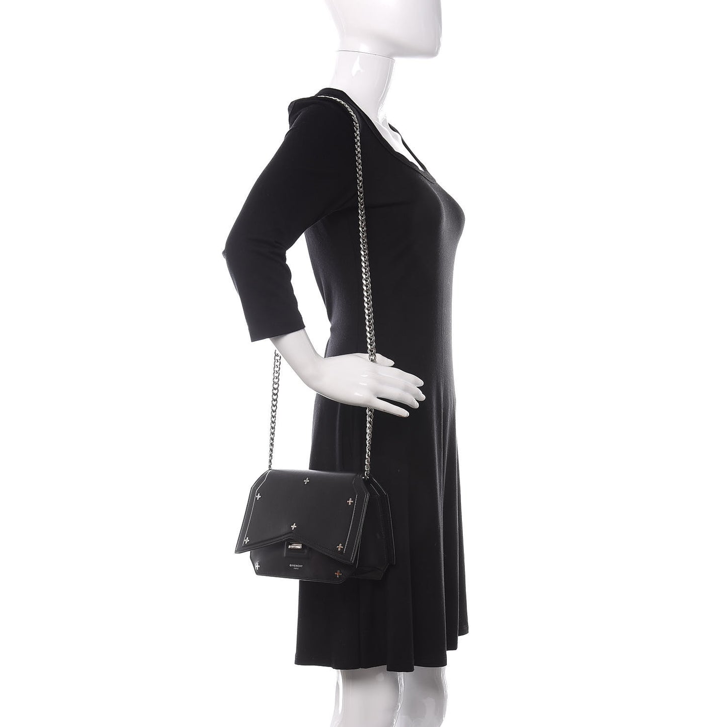 Calfskin Cross Embellished Bow Cut Chain Bag Black