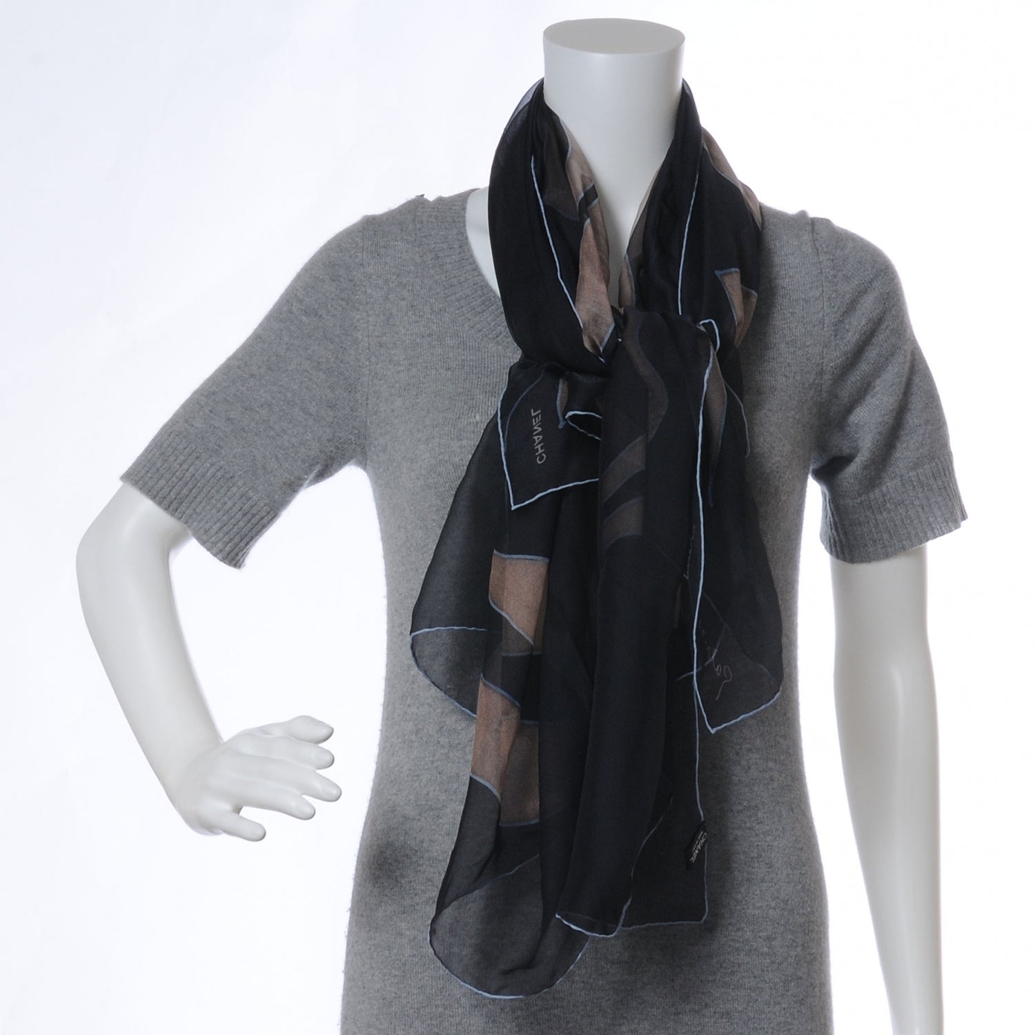 Chanel Silk Chiffon Floral Scarf Shawl Black Taupe 3 of 9