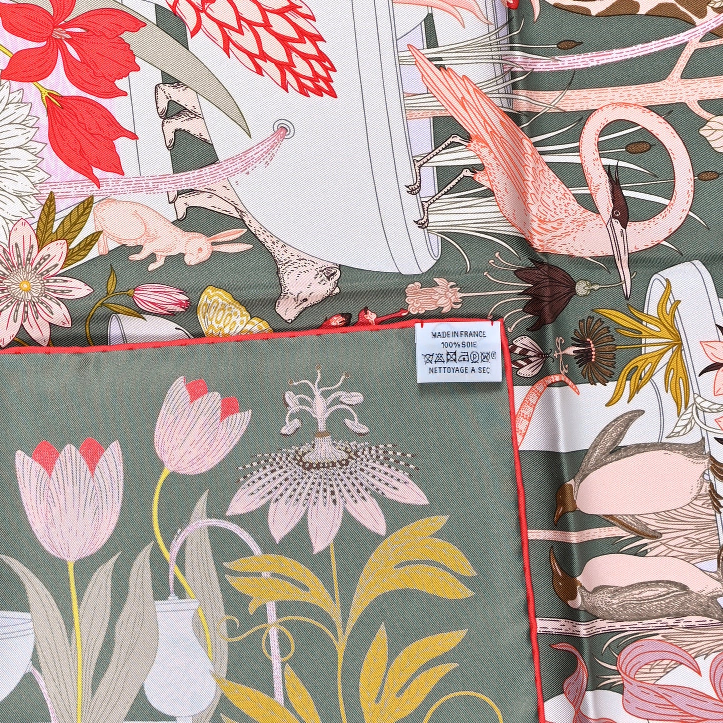 Silk Twill Precious Paradise Scarf 90 Kaki Rose Rouge