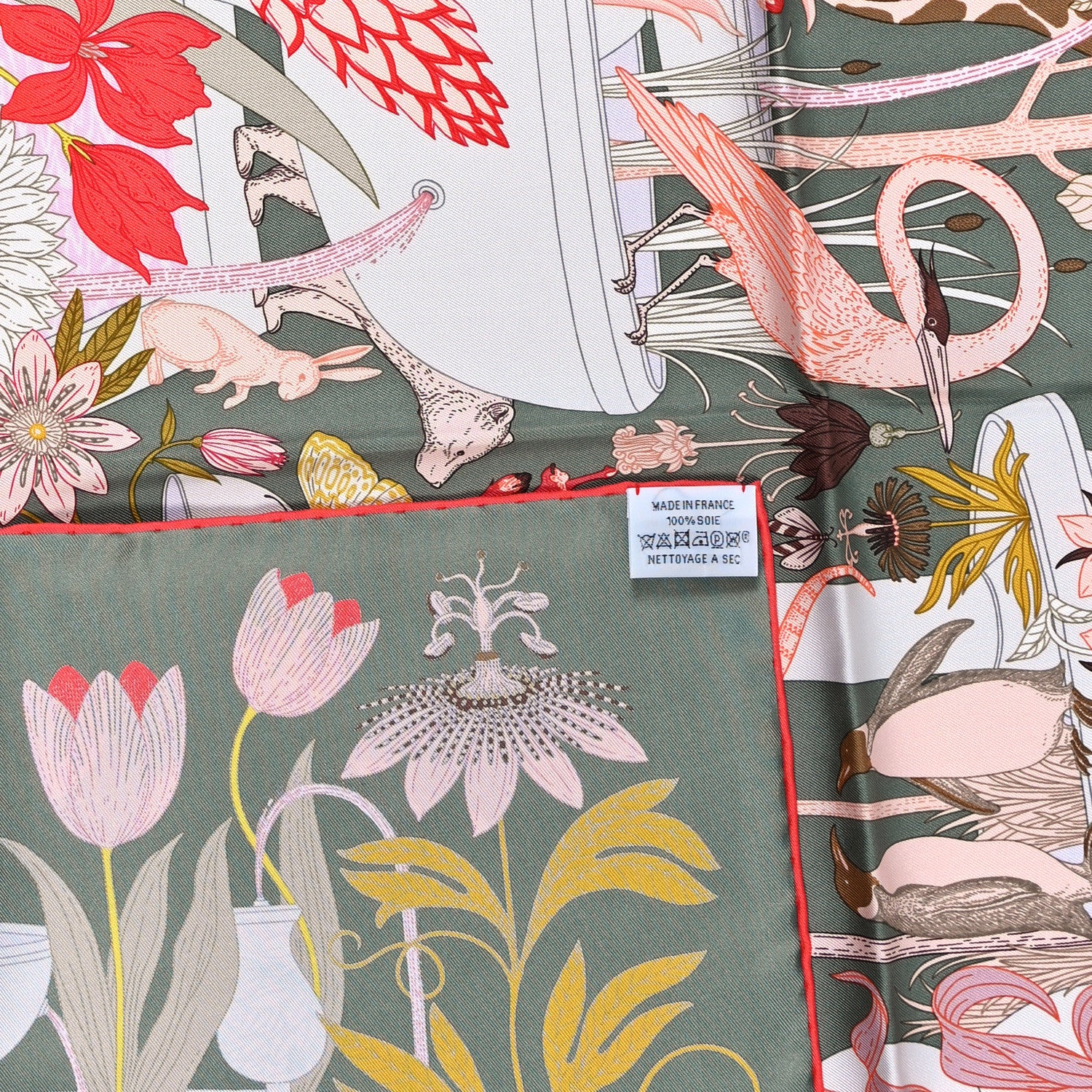 Hermes Silk Twill Precious Paradise Scarf 90 Kaki Rose Rouge 3 of 3