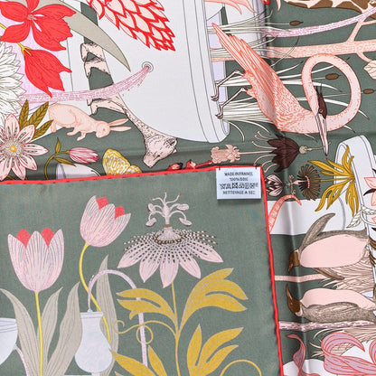 Hermes Silk Twill Precious Paradise Scarf 90 Kaki Rose Rouge 3 of 3