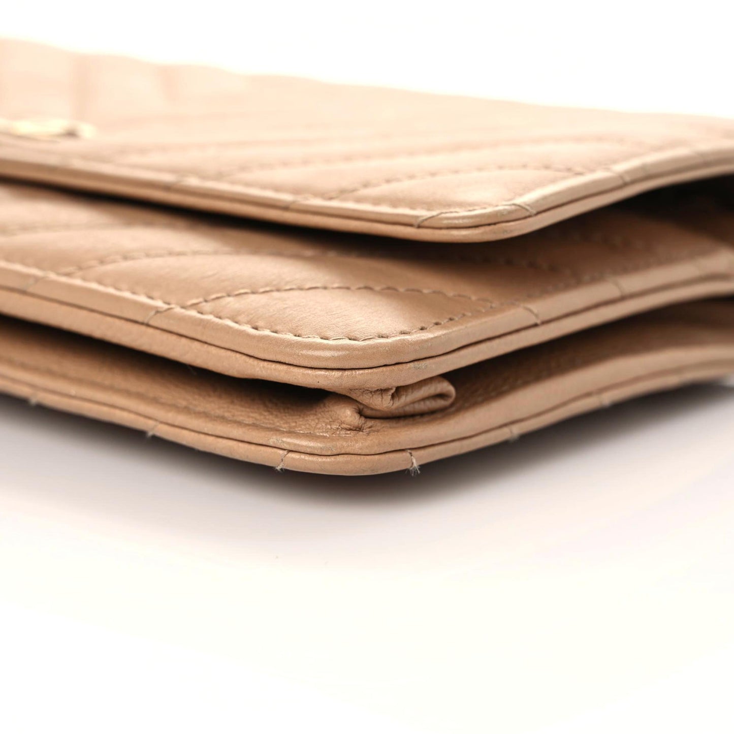 Calfskin Chevron Quilted Wallet On Chain WOC Beige