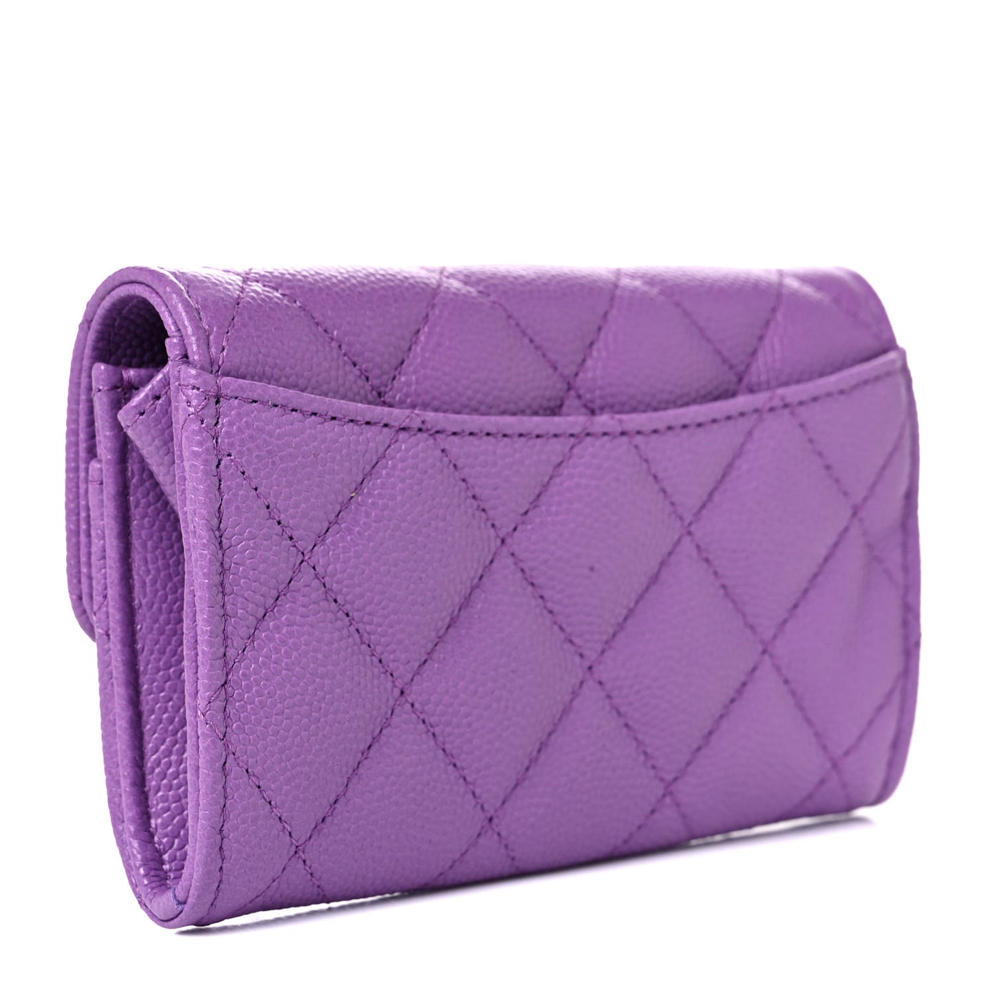 Caviar Quilted Flap Card Holder Wallet Purple