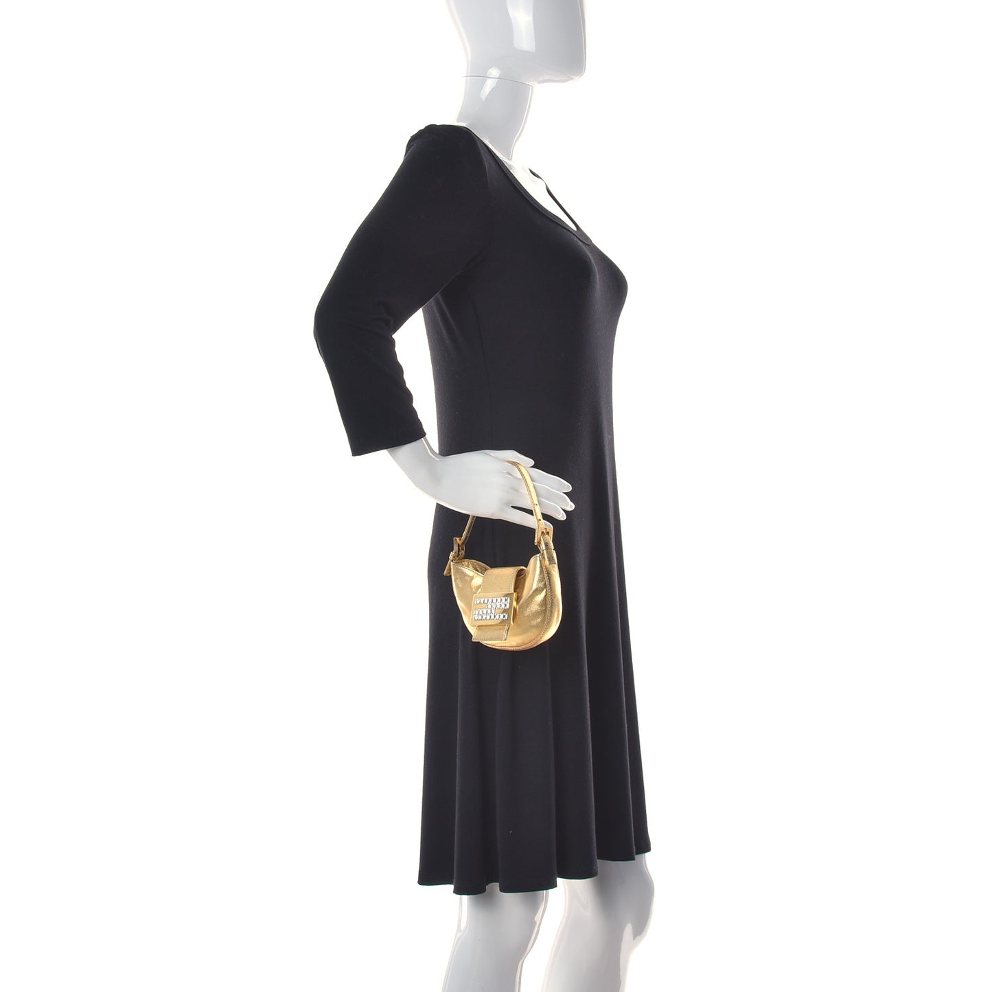 Metallic Calfskin Crystal Mini Half Moon Baguette Gold