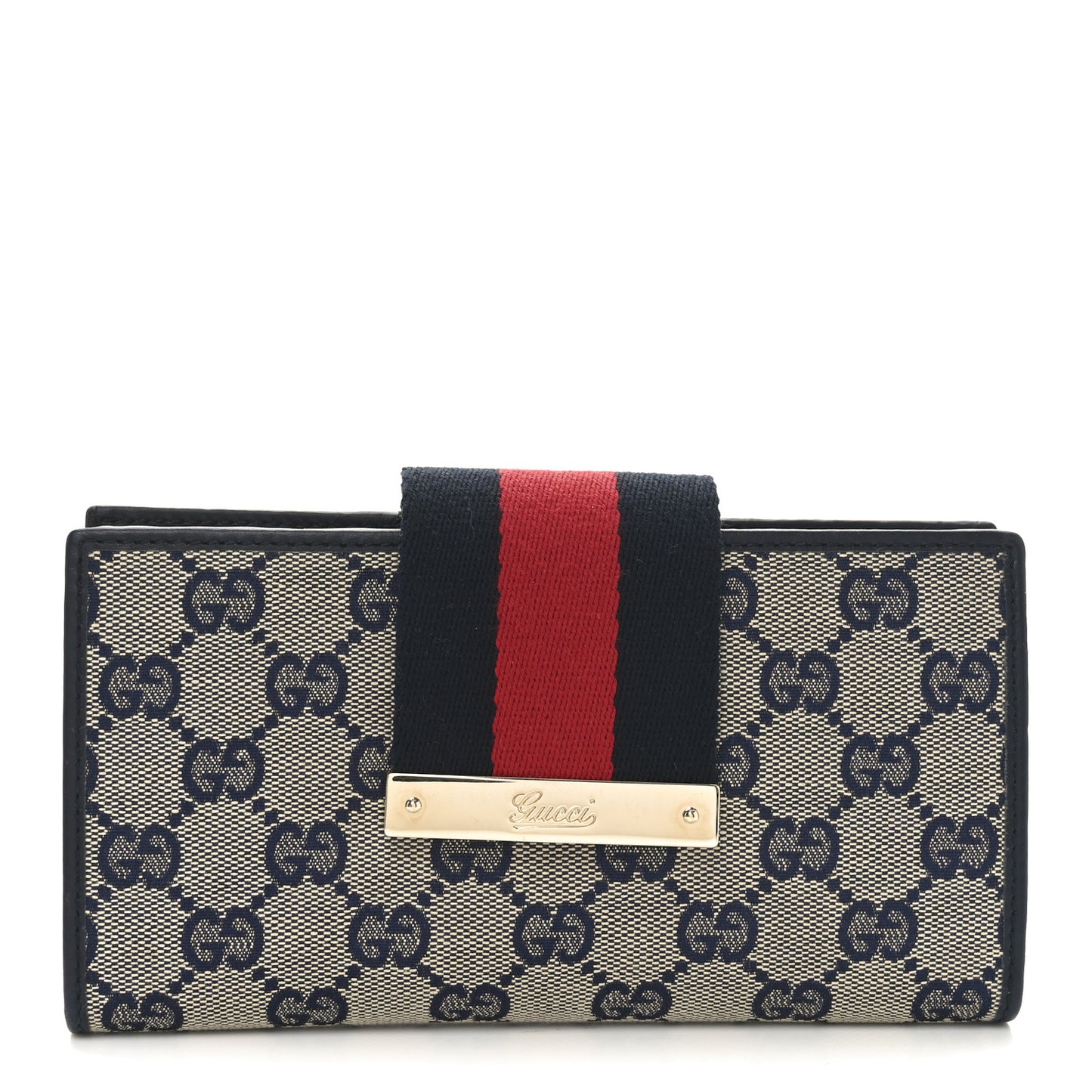 Monogram Calfskin Ladies Web Continental Wallet Beige Blue