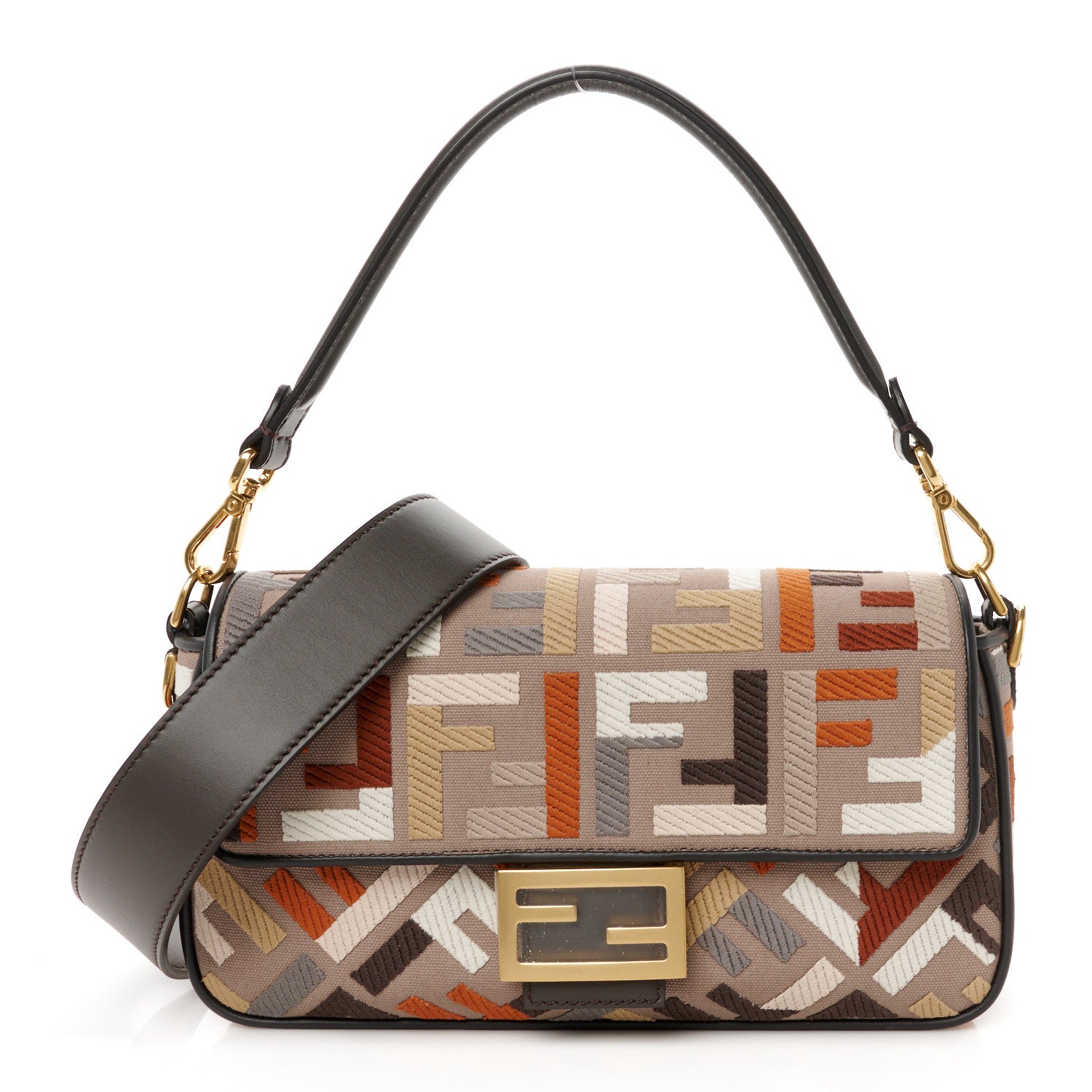 Fendi Canvas Vitello King FF Embroidered Baguette Tartufo Ebano 1 of 12