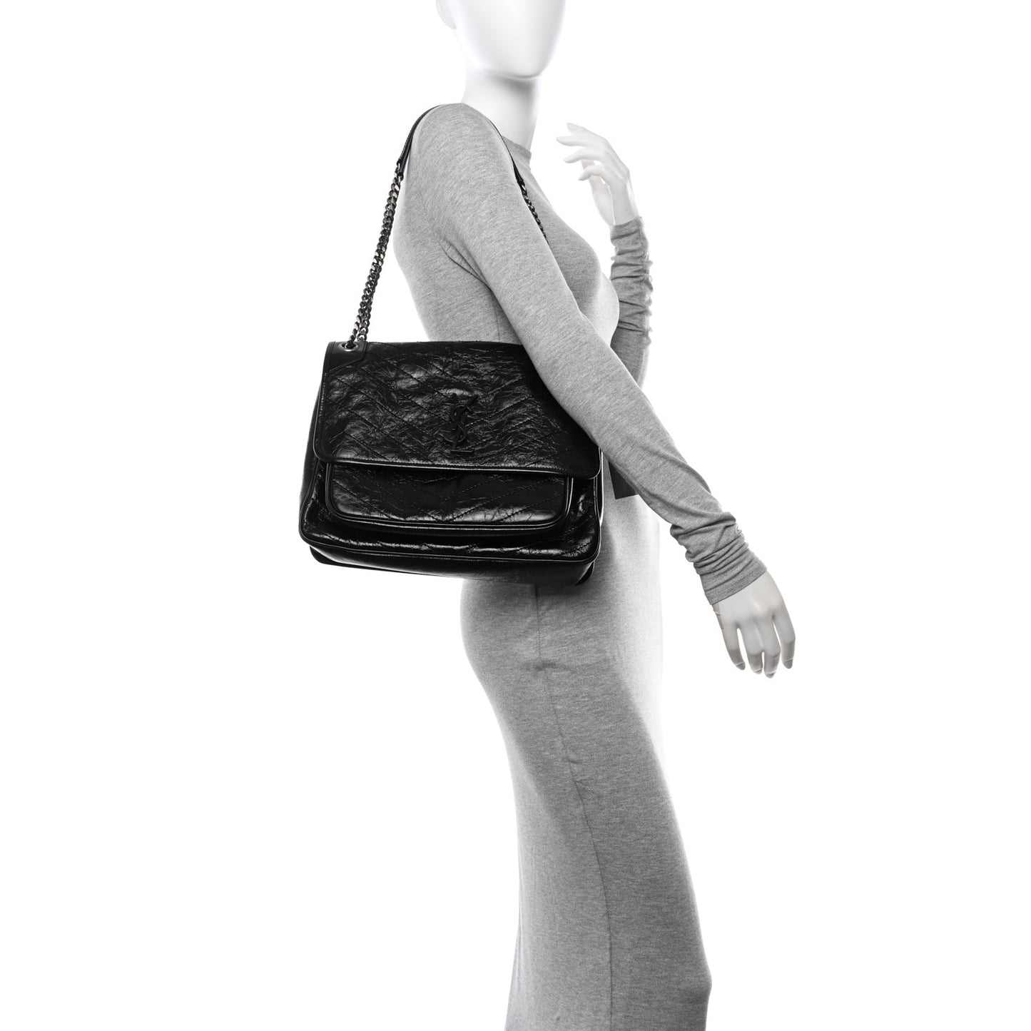 Crinkled Calfskin Matelasse Monogram Large Niki Chain Satchel Black