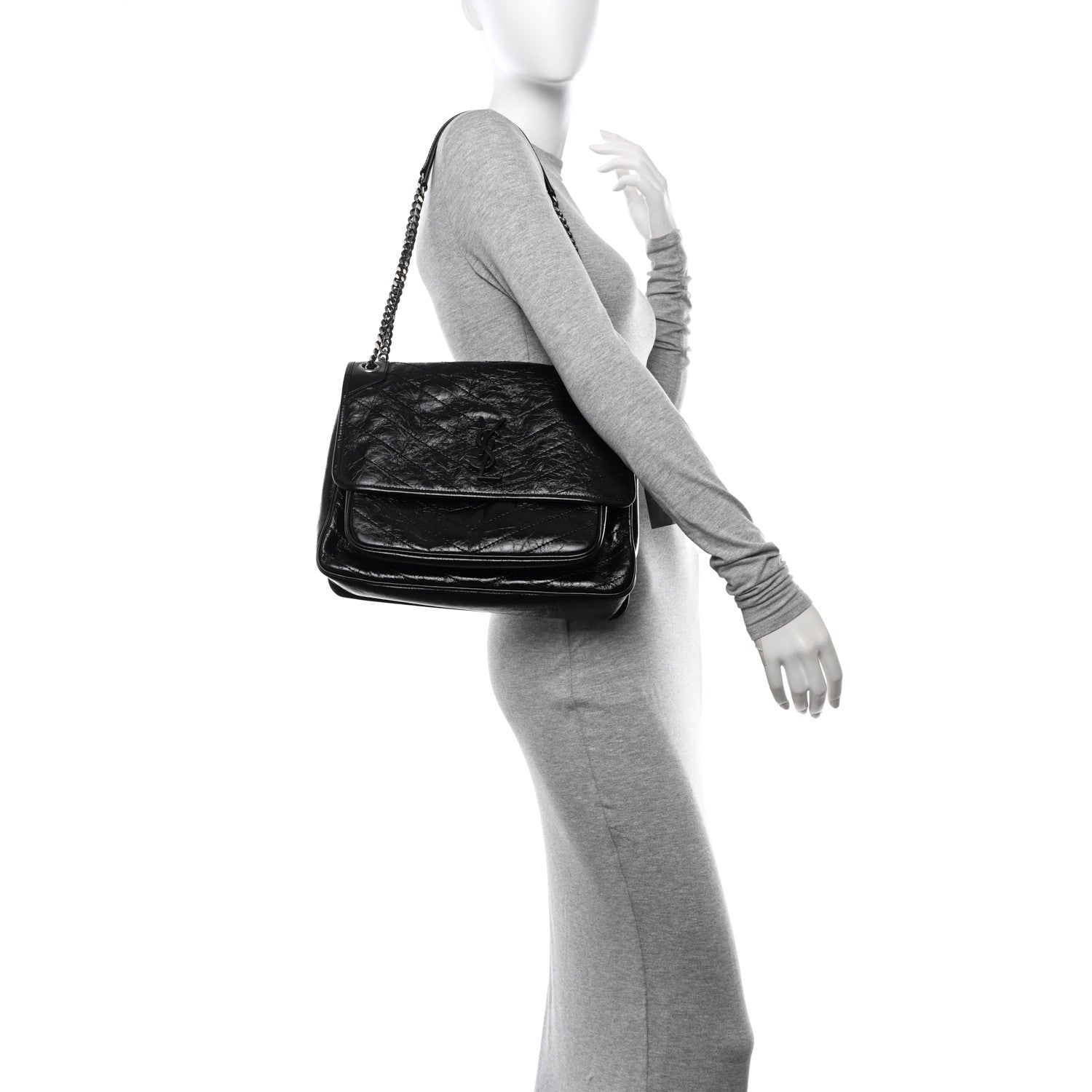 Saint Laurent Crinkled Calfskin Matelasse Monogram Large Niki Chain Satchel Black 2 of 10