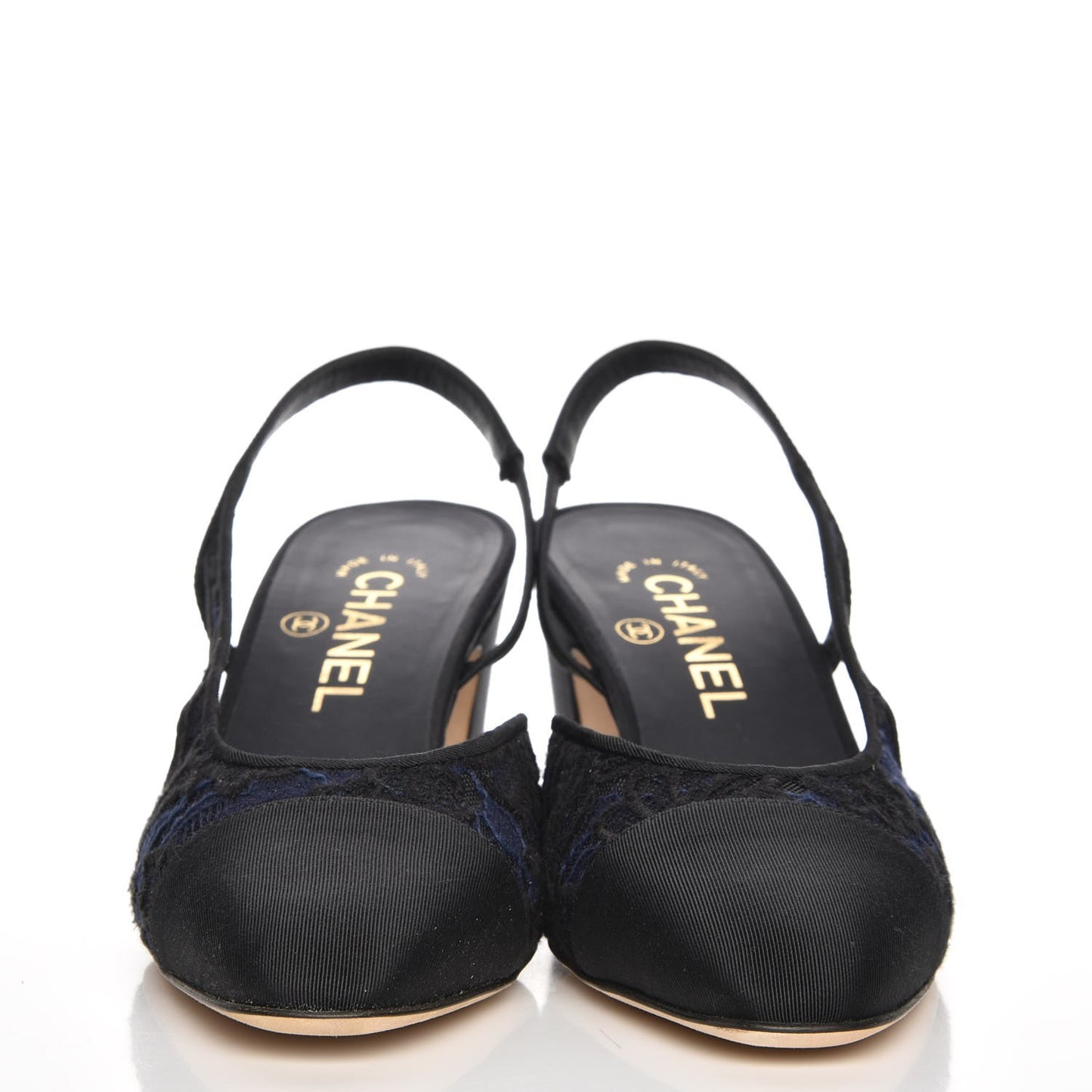 Lace Grosgrain Cap Toe CC Slingback Pumps 37 Navy Black