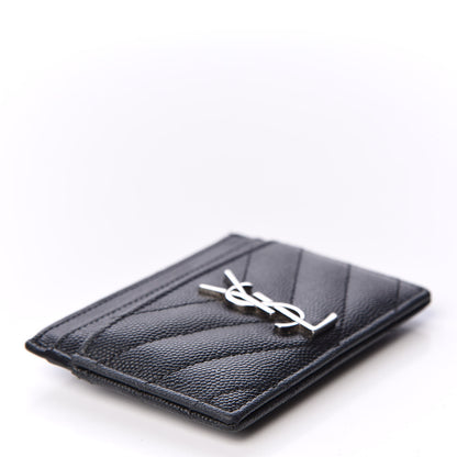 Saint Laurent Grain De Poudre Matelasse Chevron Monogram Credit Card Case Black 3 of 9