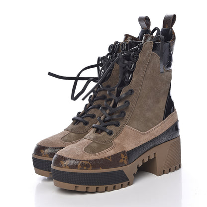 Louis Vuitton Suede Calfskin Monogram Laureate Platform Desert Boots 35 Taupe 3 of 9