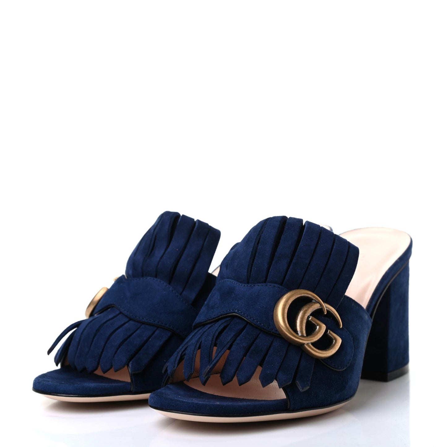Kid Scamosciato GG Marmont Fringe 75mm Slide Sandals 36 Blue Ink