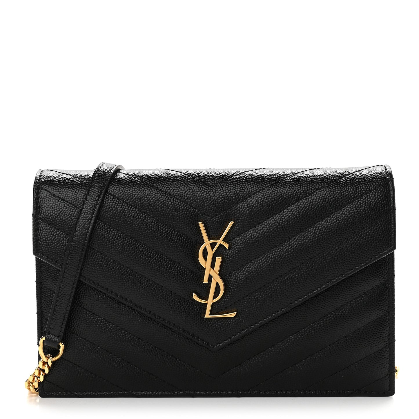 Grain De Poudre Matelasse Chevron Monogram Envelope Chain Wallet Black