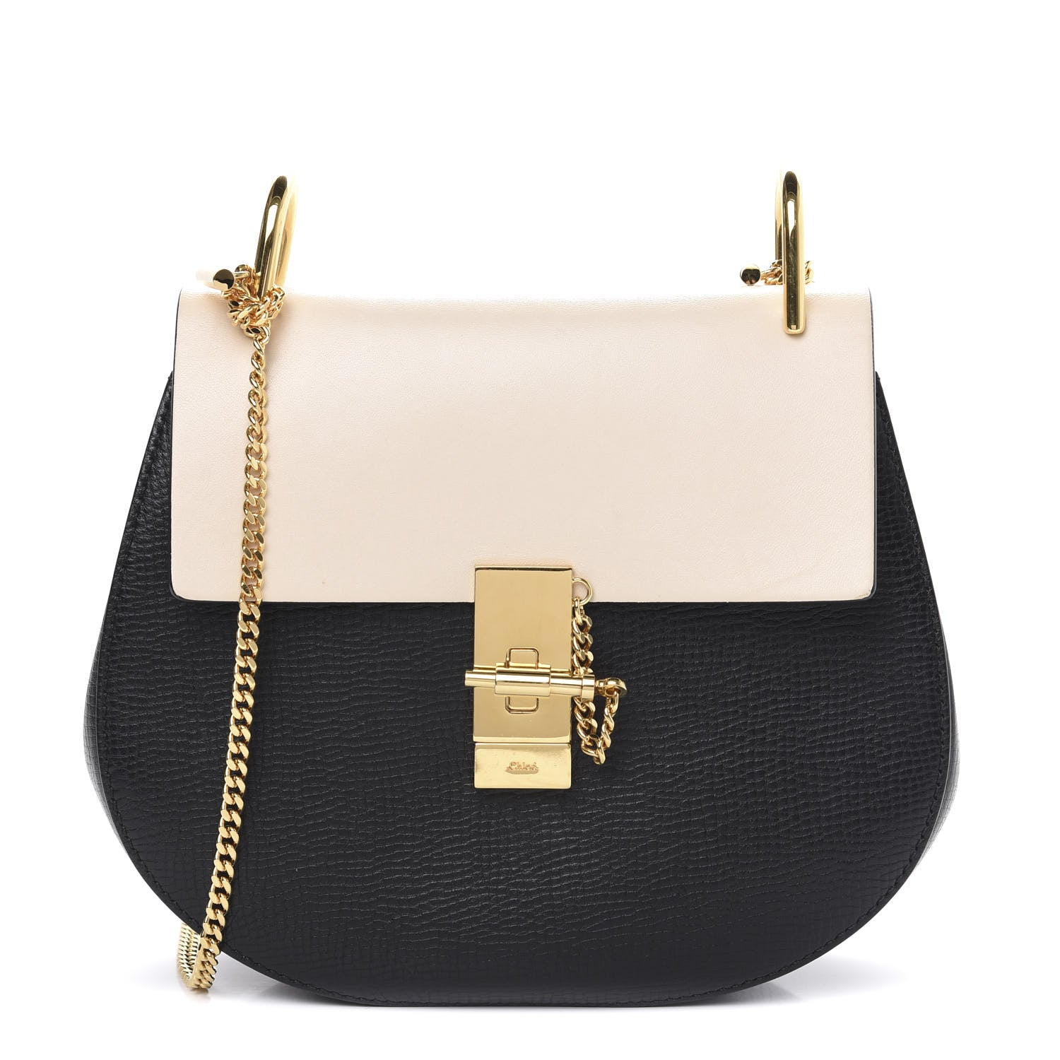 Chloe Grained Calfskin Lambskin Bi-Color Drew Shoulder Bag Black Powder Beige 1 of 8