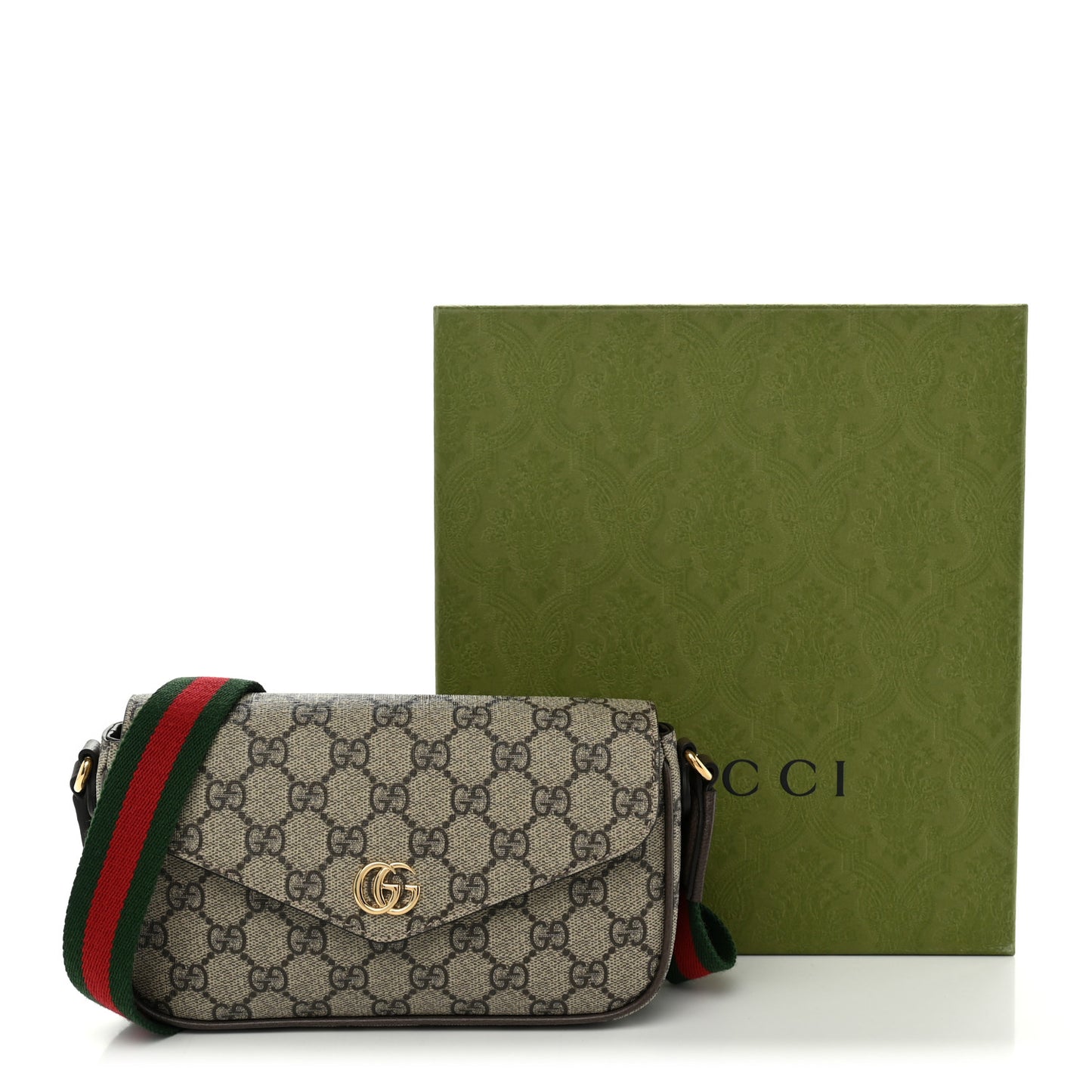 GG Supreme Monogram Textured Dollar Calfskin Web Mini Ophidia Envelope Shoulder Bag Beige Ebony