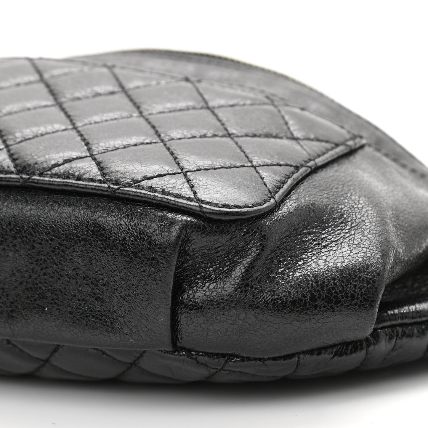 Crumpled Glazed Lambskin Quilted Waist Bag Fanny Pack Black