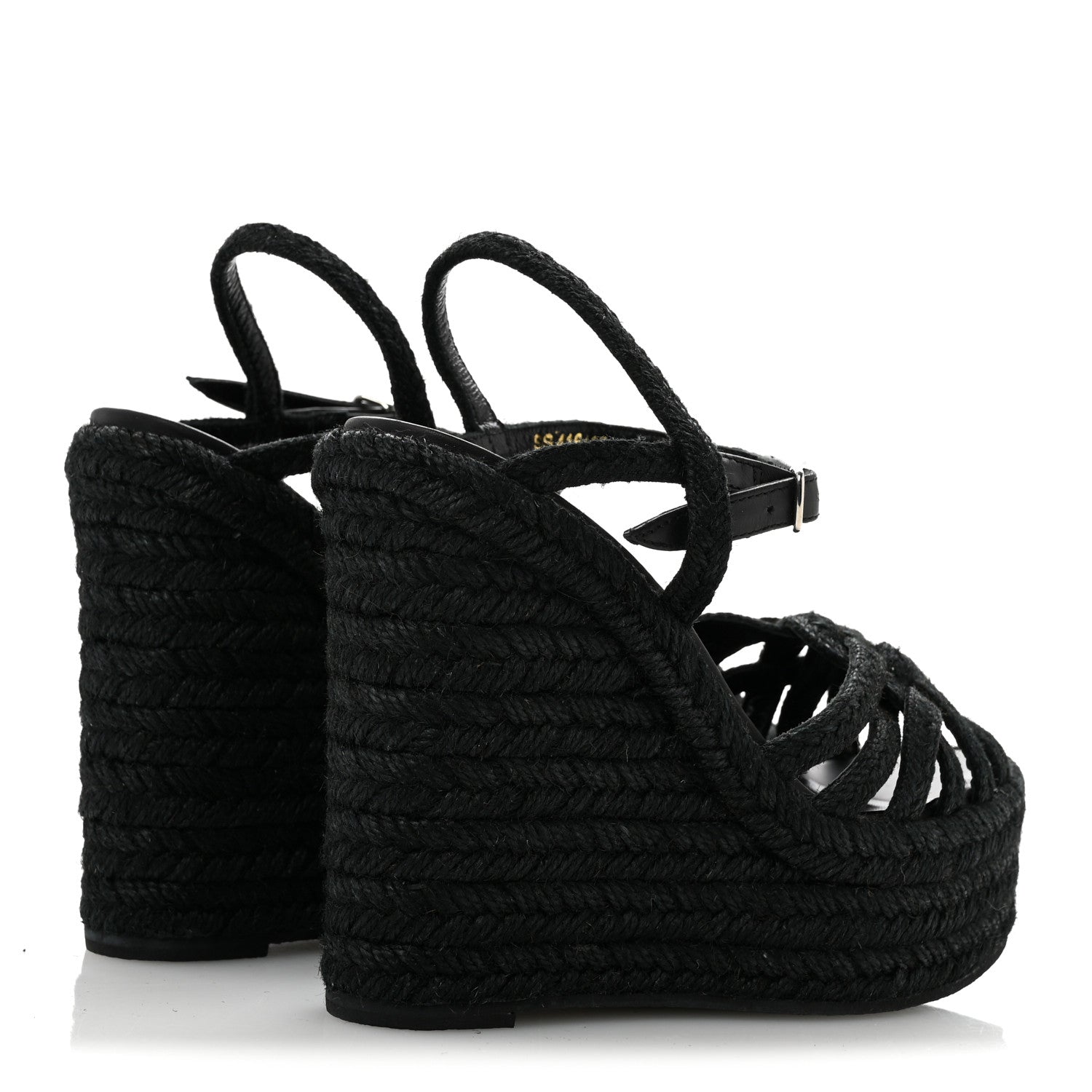 Saint Laurent Raffia Calfskin Platform Espadrille Wedge Sandals 35 Black 5 of 9