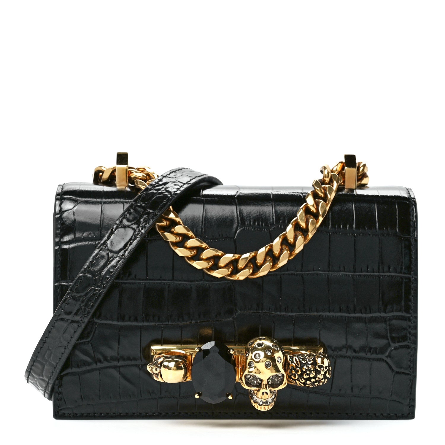 Alexander McQueen Calfskin Crocodile Embossed Mini Jeweled Satchel Black 1 of 12