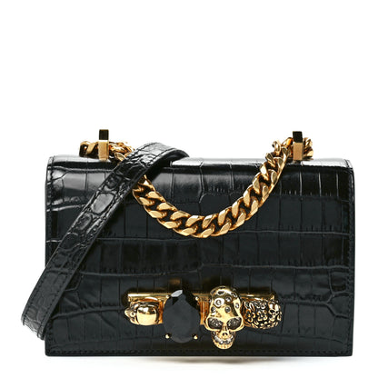 Alexander McQueen Calfskin Crocodile Embossed Mini Jeweled Satchel Black 1 of 12