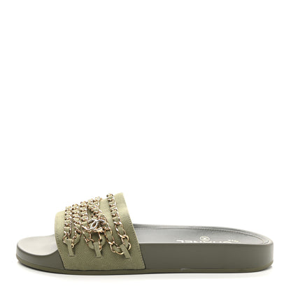 Chanel Canvas Chain Flat Sandals 39 Khaki 1 of 10