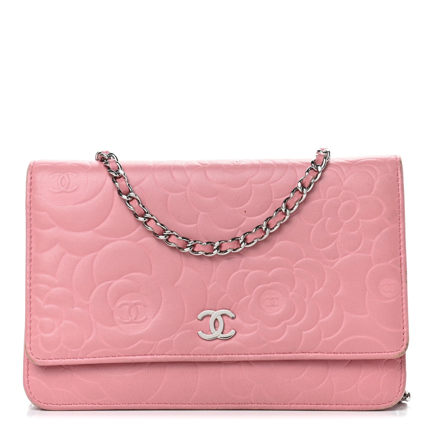 Lambskin Camellia Embossed Wallet On Chain WOC Pink