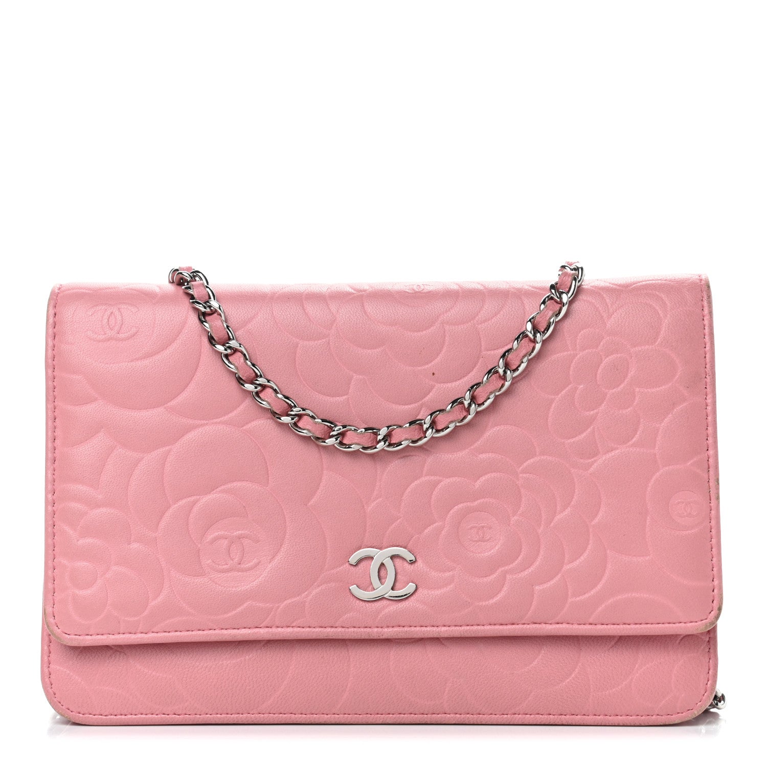 Chanel Lambskin Camellia Embossed Wallet On Chain WOC Pink 1 of 12