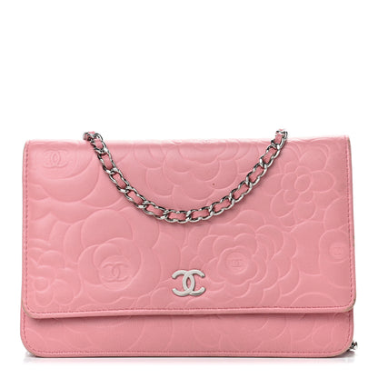 Chanel Lambskin Camellia Embossed Wallet On Chain WOC Pink 1 of 12