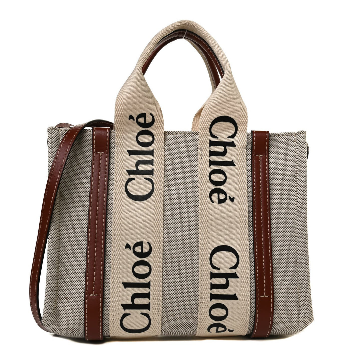 Cotton Calfskin Small Woody Ribbon Tote With Strap White Brown