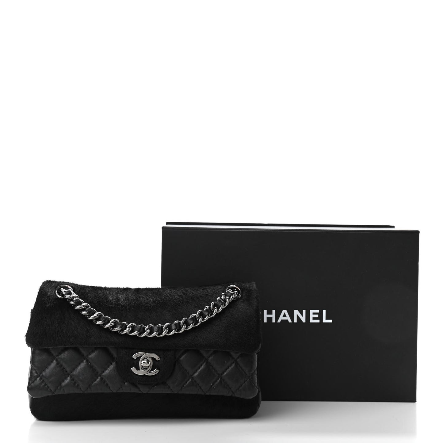 Aged Calfskin Miss Pony Fur Medium Flap Black