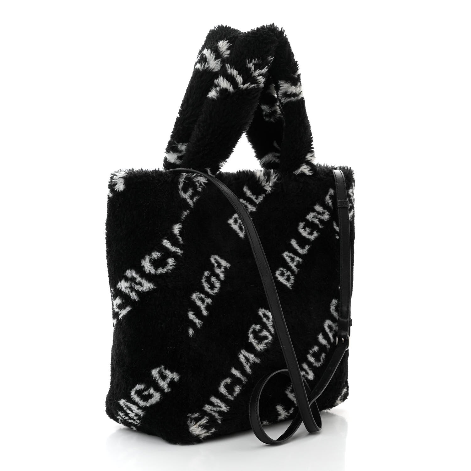Balenciaga Faux Fur Diagonal Logo Everyday Tote Black White 3 of 9