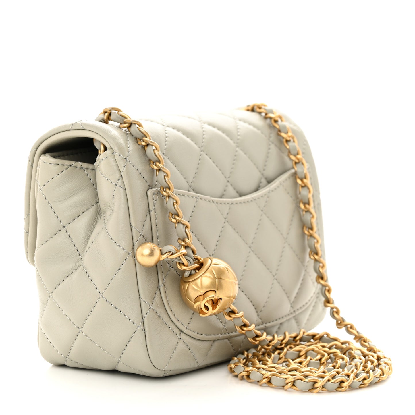 Lambskin Quilted Mini Pearl Crush Flap Light Grey