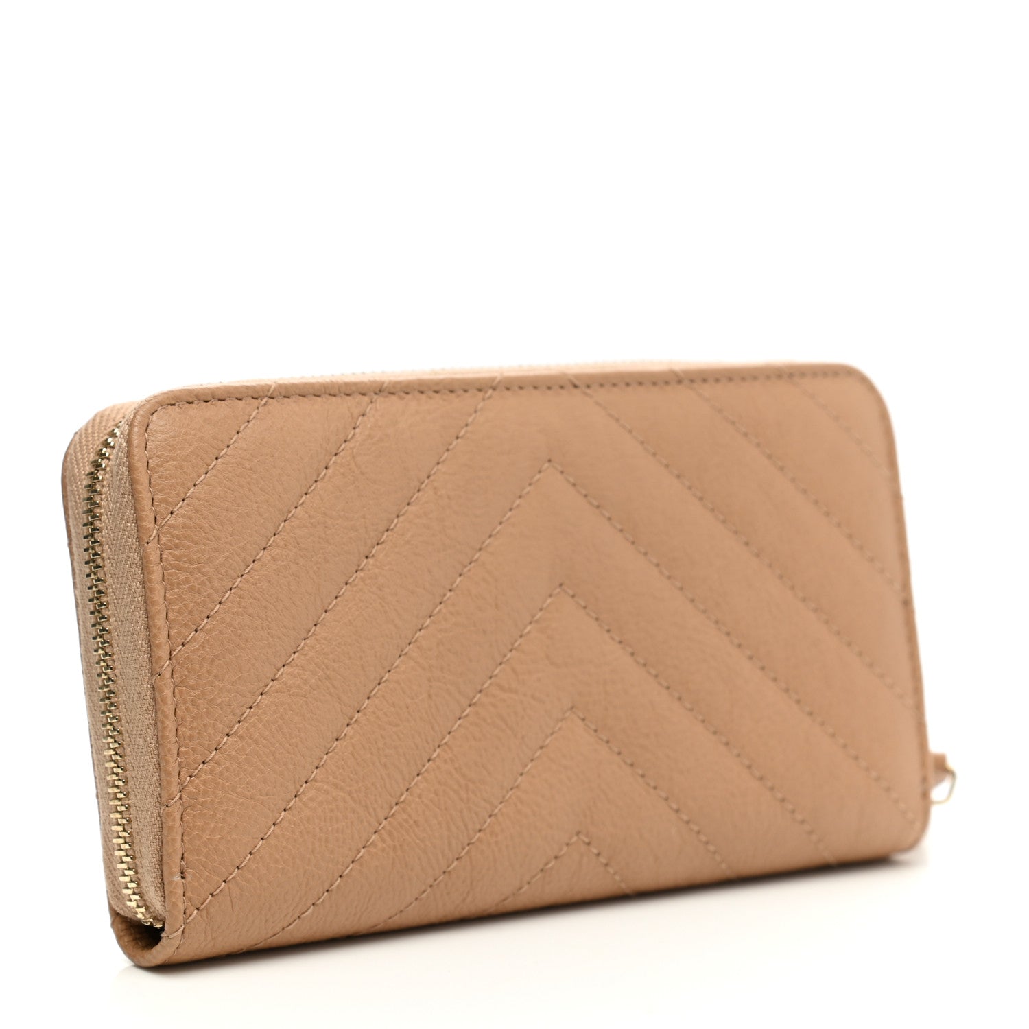 Chanel Glazed Lambskin Chevron Quilted Zip Around Wallet Beige 3 of 10