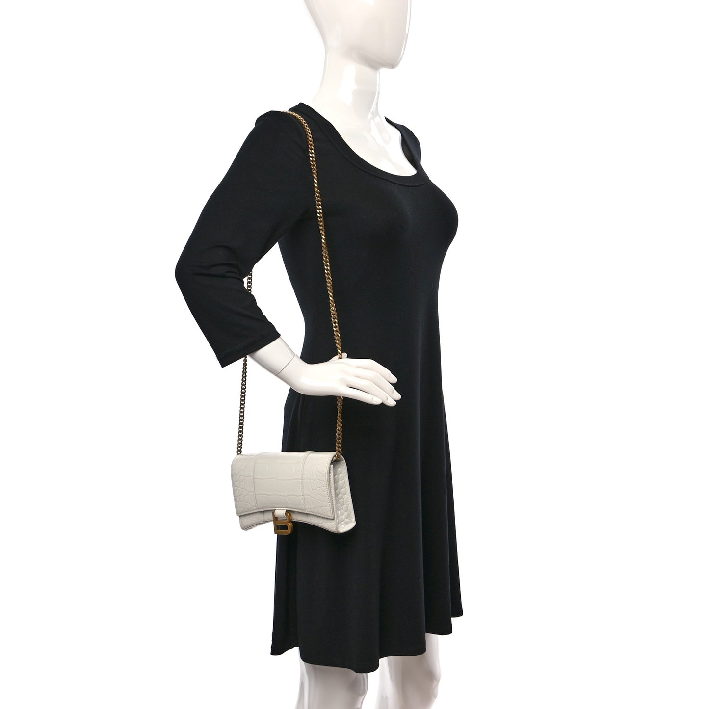 Shiny Calfskin Crocodile Embossed Hourglass Chain Bag White