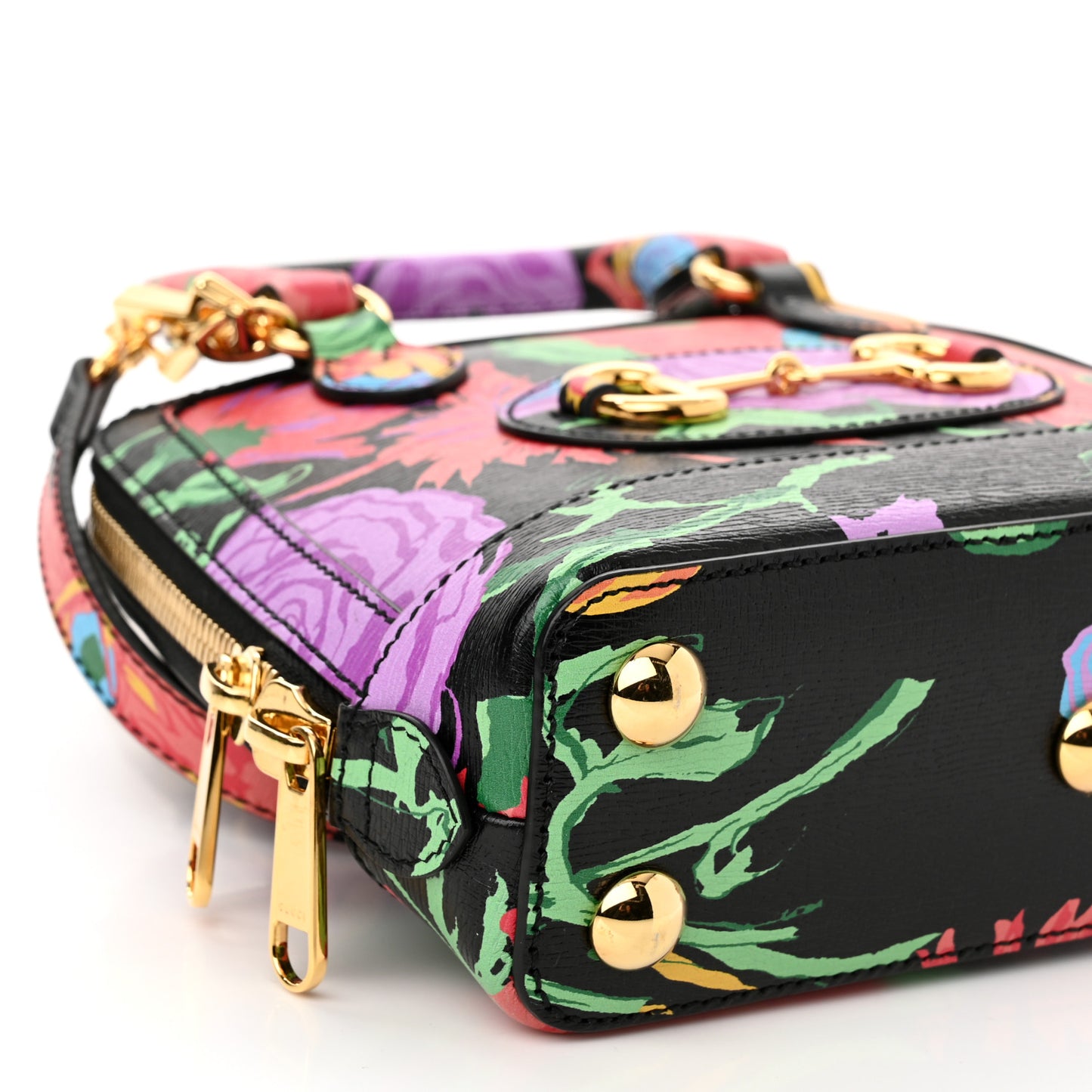 X KEN SCOTT New Shangai Calfskin Jenny Floral Print Mini Horsebit 1955 Top Handle Bag Black Pink