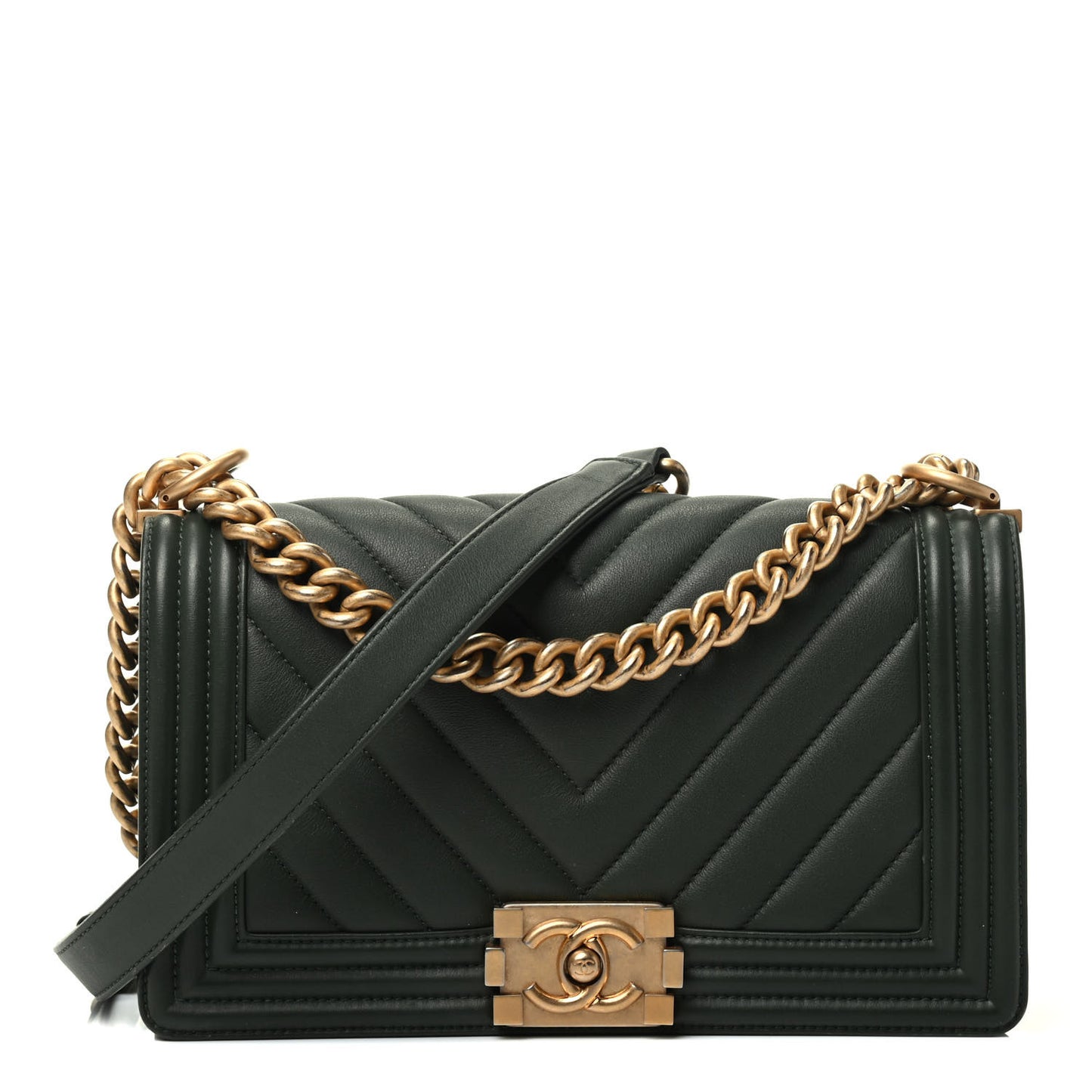 Calfskin Chevron Quilted Medium Boy Flap Dark Green