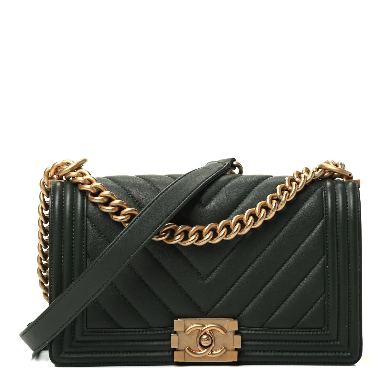 Chanel Calfskin Chevron Quilted Medium Boy Flap Dark Green 1 of 4