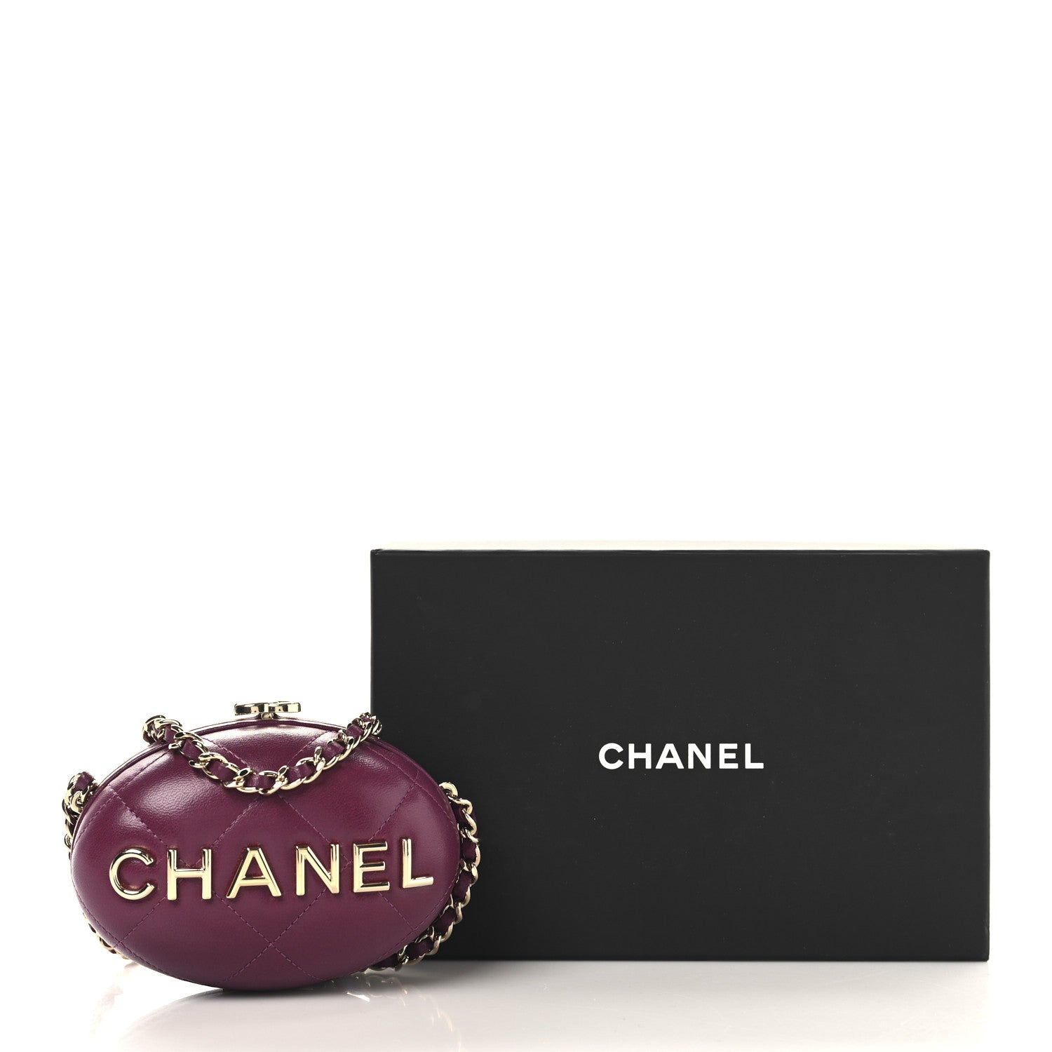 Chanel Lambskin Quilted Oval Minaudiere Chain Clutch Purple