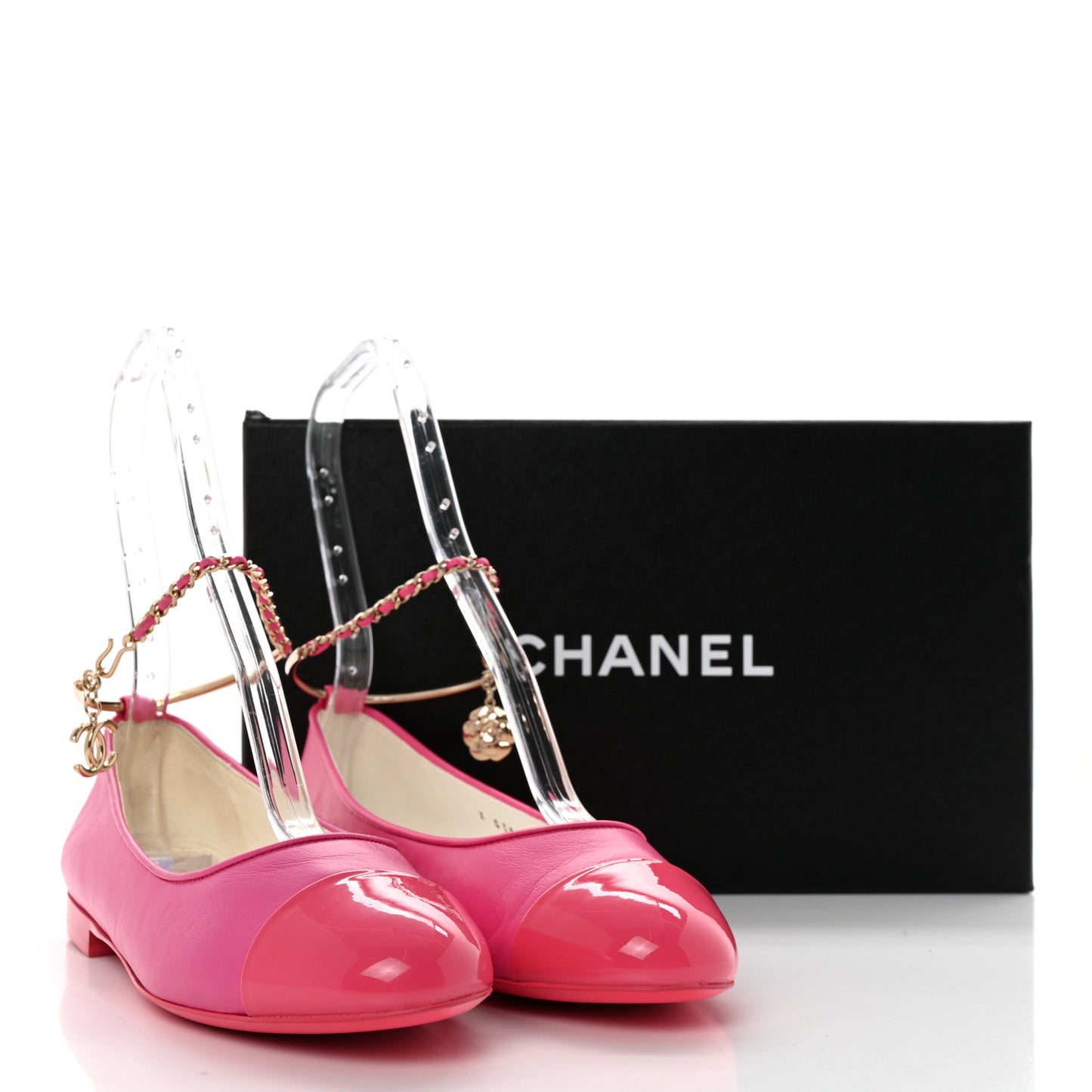 Lambskin Patent Calfskin Cap Toe Ankle Chain Ballerina Flats 38 Dark Pink