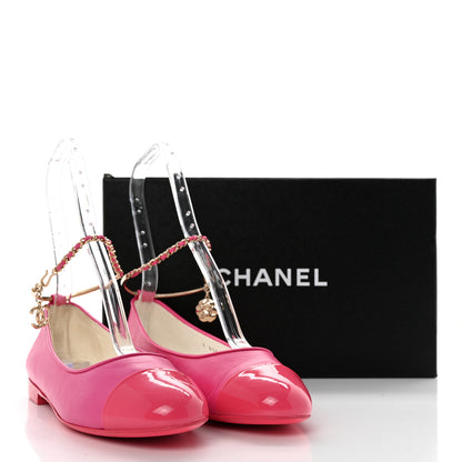 Chanel Lambskin Patent Calfskin Cap Toe Ankle Chain Ballerina Flats 38 Dark Pink 11 of 11